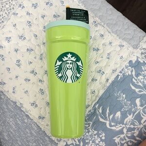 Starbucks Lime Green Travel Mug with Light Blue Lid